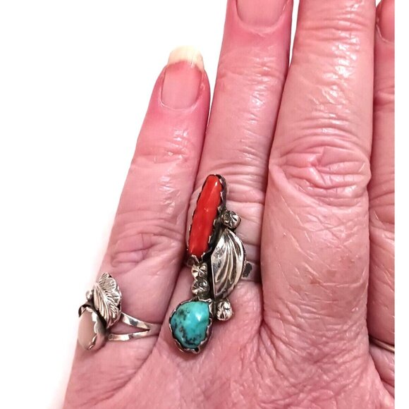 Navajo vtg Turquoise Coral ring sz 7-7.5 (1186) - Picture 3 of 7